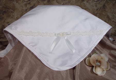 Girls Silk Dupioni Baptism Blanket with Venise Trim and Bow - Diamond White