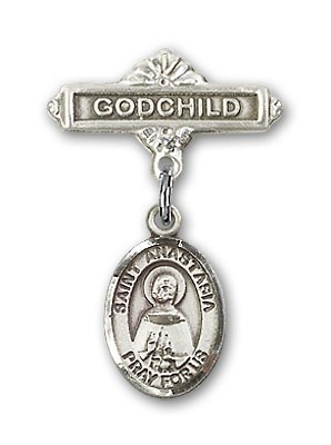 Pin Badge with St. Anastasia Charm and Godchild Badge Pin - Silver tone