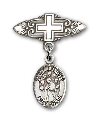 Pin Badge with St. Felicity Charm and Badge Pin with Cross - Silver tone