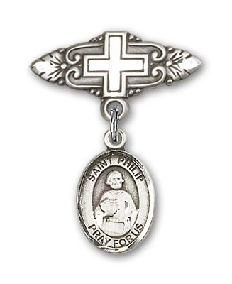 Pin Badge with St. Philip the Apostle Charm and Badge Pin with Cross - Silver tone