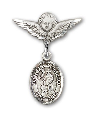 Pin Badge with St. Peter Nolasco Charm and Angel with Smaller Wings Badge Pin - Silver tone