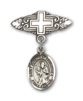 Pin Badge with St. Joseph of Arimathea Charm and Badge Pin with Cross - Silver tone
