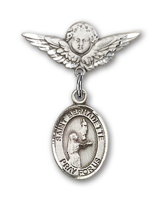 Pin Badge with St. Bernadette Charm and Angel with Smaller Wings Badge Pin - Silver tone