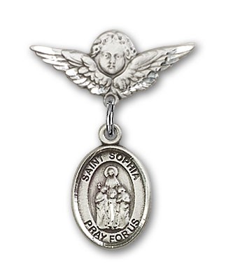 Pin Badge with St. Sophia Charm and Angel with Smaller Wings Badge Pin - Silver tone