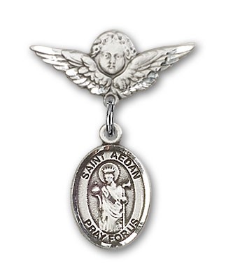 Pin Badge with St. Aedan of Ferns Charm and Angel with Smaller Wings Badge Pin - Silver tone
