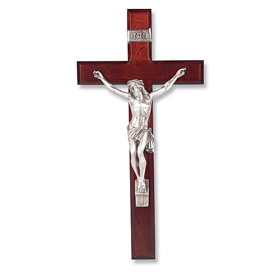 Dark Cherry Wall Crucifix with Siver-tone Corpus - 13 inch - Cherry Wood