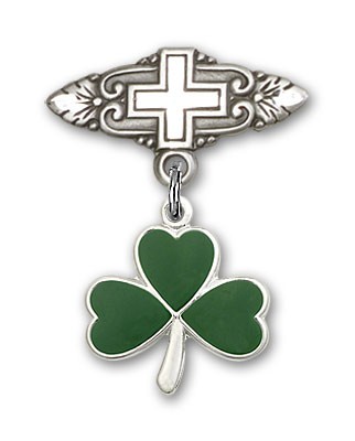 Pin Badge with Shamrock Charm and Badge Pin with Cross - Silver tone