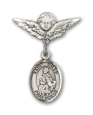 Pin Badge with St. Giles Charm and Angel with Smaller Wings Badge Pin - Silver tone