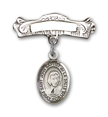 Pin Badge with St. John Baptist de la Salle Charm and Arched Polished Engravable Badge Pin - Silver tone