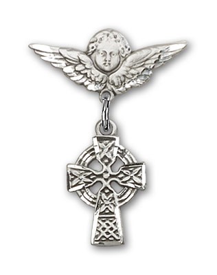 Pin Badge with Celtic Cross Charm and Angel with Smaller Wings Badge Pin - Silver tone