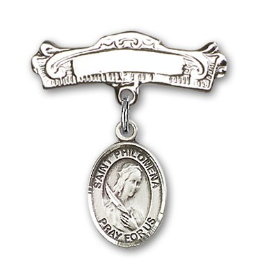 Pin Badge with St. Philomena Charm and Arched Polished Engravable Badge Pin - Silver tone