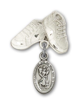 Pin Badge with St. Christopher Charm and Baby Boots Pin - Sterling Silver