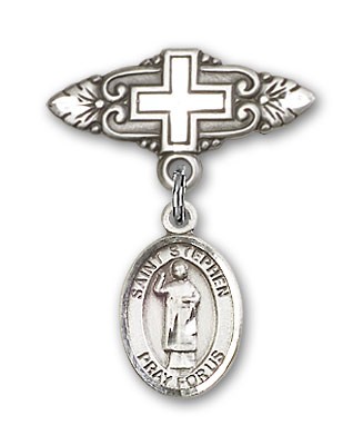 Pin Badge with St. Stephen the Martyr Charm and Badge Pin with Cross - Silver tone