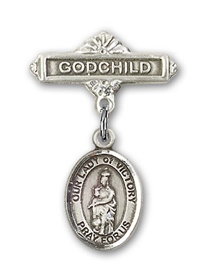 Baby Badge with Our Lady of Victory Charm and Godchild Badge Pin - Silver tone
