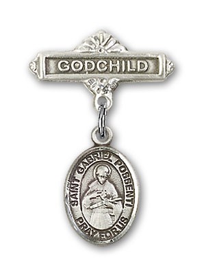 Pin Badge with St. Gabriel Possenti Charm and Godchild Badge Pin - Silver tone