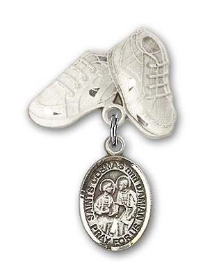 Baby Badge with Sts. Cosmas &amp; Damian Charm and Baby Boots Pin - Silver tone