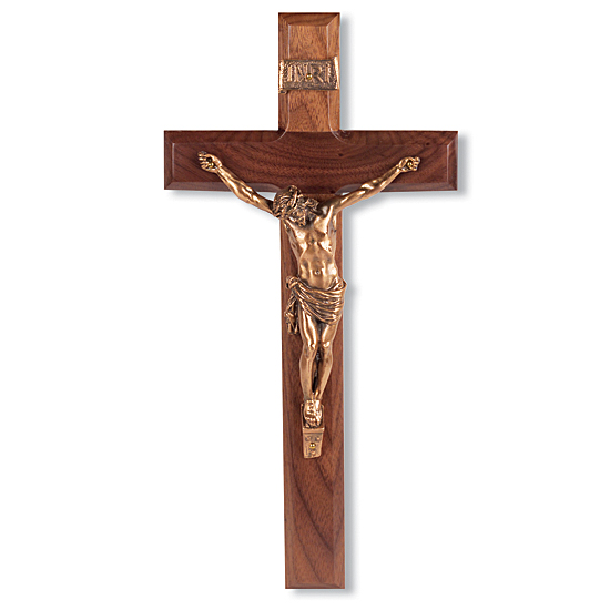Gold-Tone Corpus with Bowed Head Walnut Wall Crucifix - 12 inch - Brown