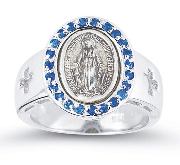 Women's Sapphire Crystal Miraculous Medal Ring Sterling Silver - Silver | Blue