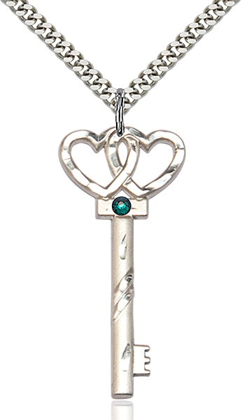 Larger Double Hearts Key Pendant with Birthstone - Emerald Green
