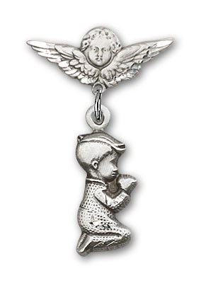 Baby Pin with Praying Boy Charm and Angel with Smaller Wings Badge Pin - Silver tone