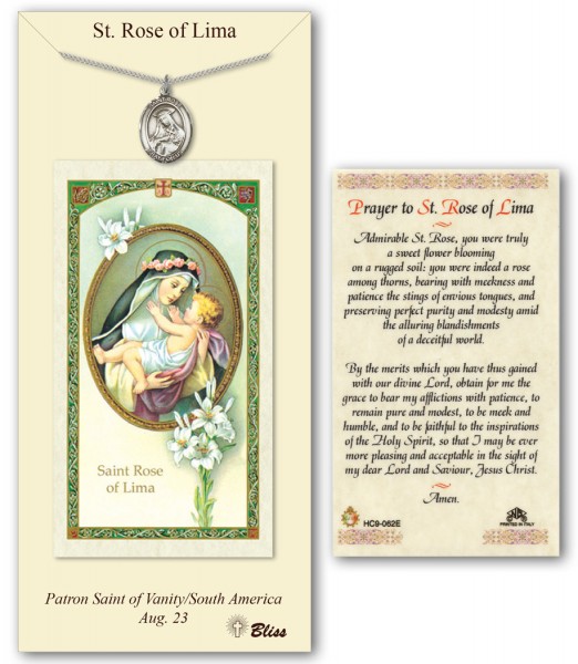 St. Rose of Lima Medal in Pewter with Prayer Card - Silver tone