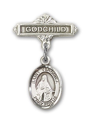 Pin Badge with St. Veronica Charm and Godchild Badge Pin - Silver tone