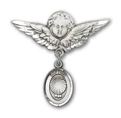 Baby Pin with Baptism Charm and Angel with Larger Wings Badge Pin - Silver tone