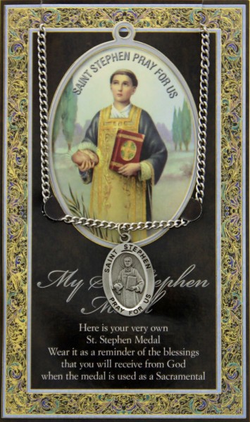 St. Stephen Medal in Pewter with Bi-Fold Prayer Card - Silver tone