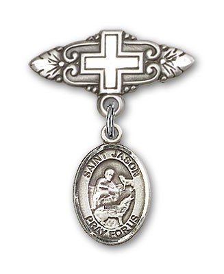 Pin Badge with St. Jason Charm and Badge Pin with Cross - Silver tone