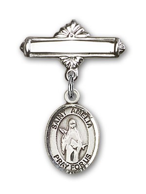 Pin Badge with St. Amelia Charm and Polished Engravable Badge Pin - Silver tone