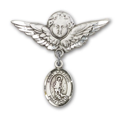 Pin Badge with St. Lazarus Charm and Angel with Larger Wings Badge Pin - Silver tone