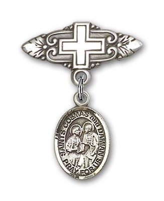 Pin Badge with Sts. Cosmas &amp; Damian Charm and Badge Pin with Cross - Silver tone
