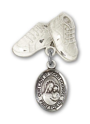 Baby Badge with Our Lady of Good Counsel Charm and Baby Boots Pin - Silver tone