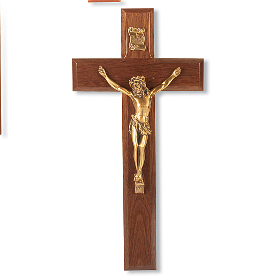 Walnut Wood Wall Crucifix Beveled Edge - 10 inch - Brown