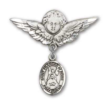 Pin Badge with St. Frances of Rome Charm and Angel with Larger Wings Badge Pin - Silver tone