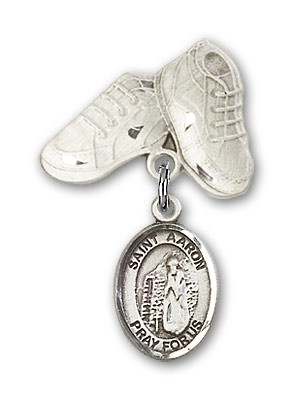 Pin Badge with St. Aaron Charm and Baby Boots Pin - Silver tone