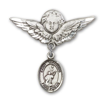 Pin Badge with St. Tarcisius Charm and Angel with Larger Wings Badge Pin - Silver tone