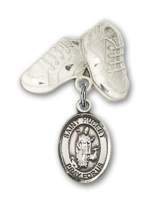 Pin Badge with St. Hubert of Liege Charm and Baby Boots Pin - Silver tone