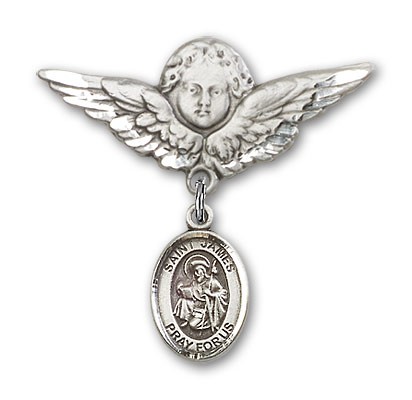 Pin Badge with St. James the Greater Charm and Angel with Larger Wings Badge Pin - Silver tone