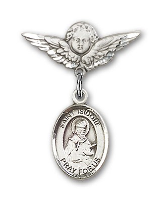 Pin Badge with St. Isidore of Seville Charm and Angel with Smaller Wings Badge Pin - Silver tone