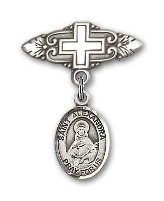 Pin Badge with St. Alexandra Charm and Badge Pin with Cross - Silver tone