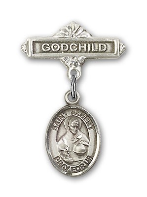 Pin Badge with St. Albert the Great Charm and Godchild Badge Pin - Silver tone