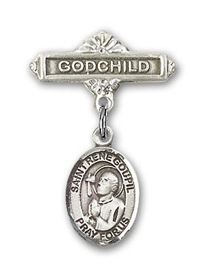 Pin Badge with St. Rene Goupil Charm and Godchild Badge Pin - Silver tone