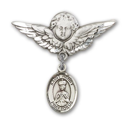 Pin Badge with St. Henry II Charm and Angel with Larger Wings Badge Pin - Silver tone