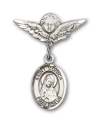 Pin Badge with St. Monica Charm and Angel with Smaller Wings Badge Pin - Silver tone