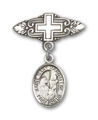 Pin Badge with St. Mary Magdalene Charm and Badge Pin with Cross - Silver tone