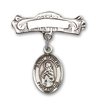 Pin Badge with St. Matilda Charm and Arched Polished Engravable Badge Pin - Silver tone