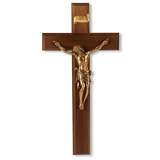 Wide Edge Gold-tone Walnut Wall Crucifix - 11 inch - Brown