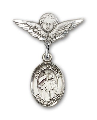 Pin Badge with St. Ursula Charm and Angel with Smaller Wings Badge Pin - Silver tone
