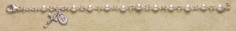 Rosary Bracelet - Sterling Silver with Genuine Cultured Pearl Beads - White